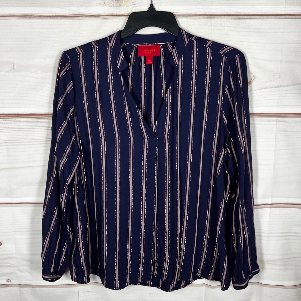 Jennifer Lopez V-Neck Blouse Womens XXL Blue Striped Metallic Long Sleeve Top